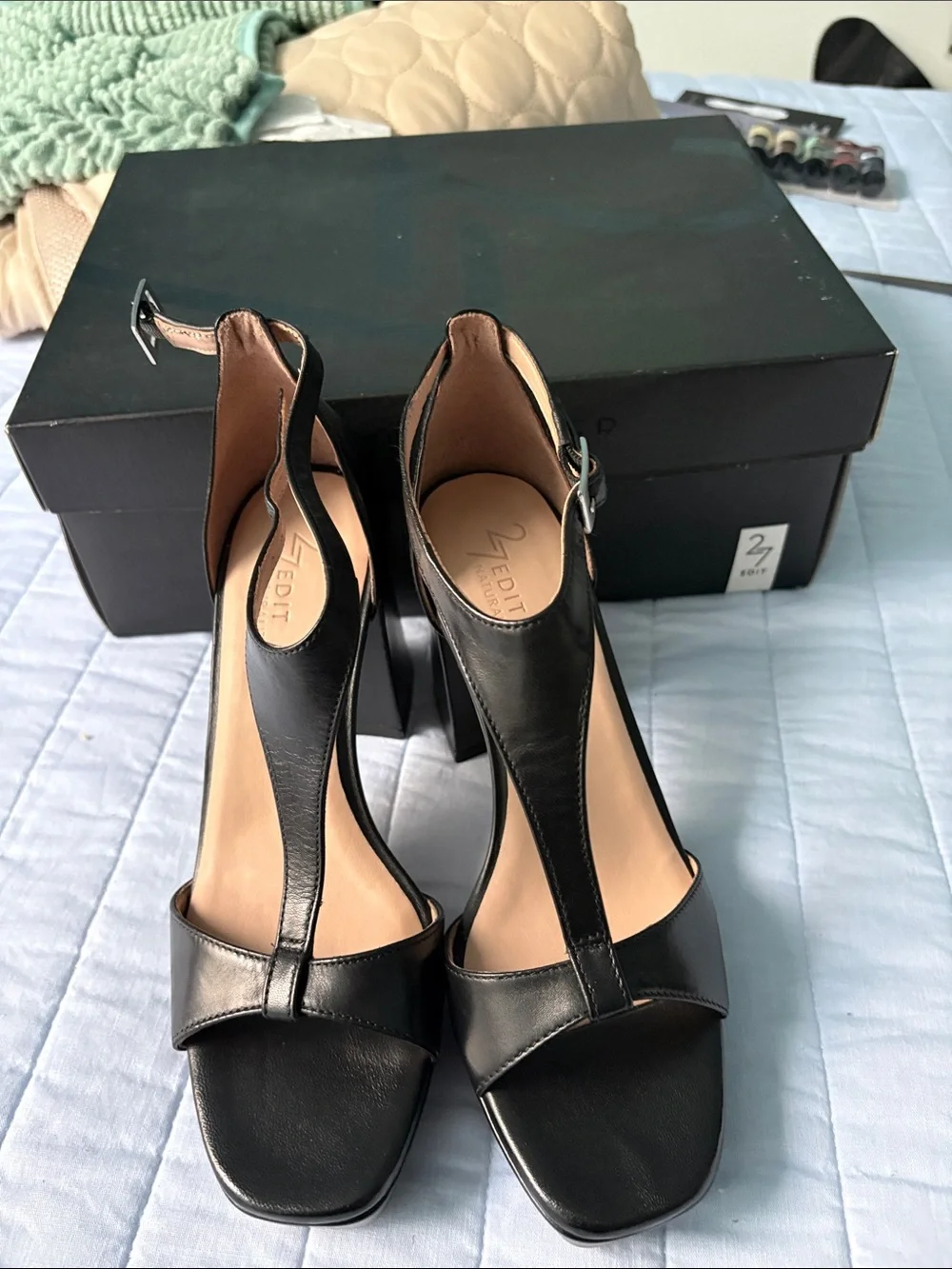 Naturalizer Black Leather Platform Sandals with Chunky Heel, 6.5